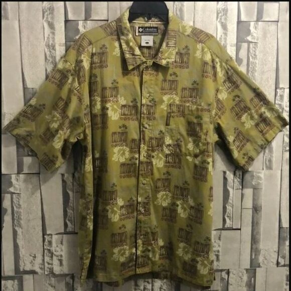 Vntg Columbia Short Sleeve Hawaiian Button down Shirt Tropical Olive Green Brown - Picture 3 of 16